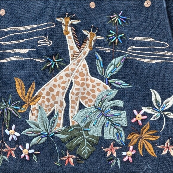 Alfred Dunner Safari Giraffe Sequin Embroidered Cardigan Sweater Petite S VTG - Picture 5 of 9